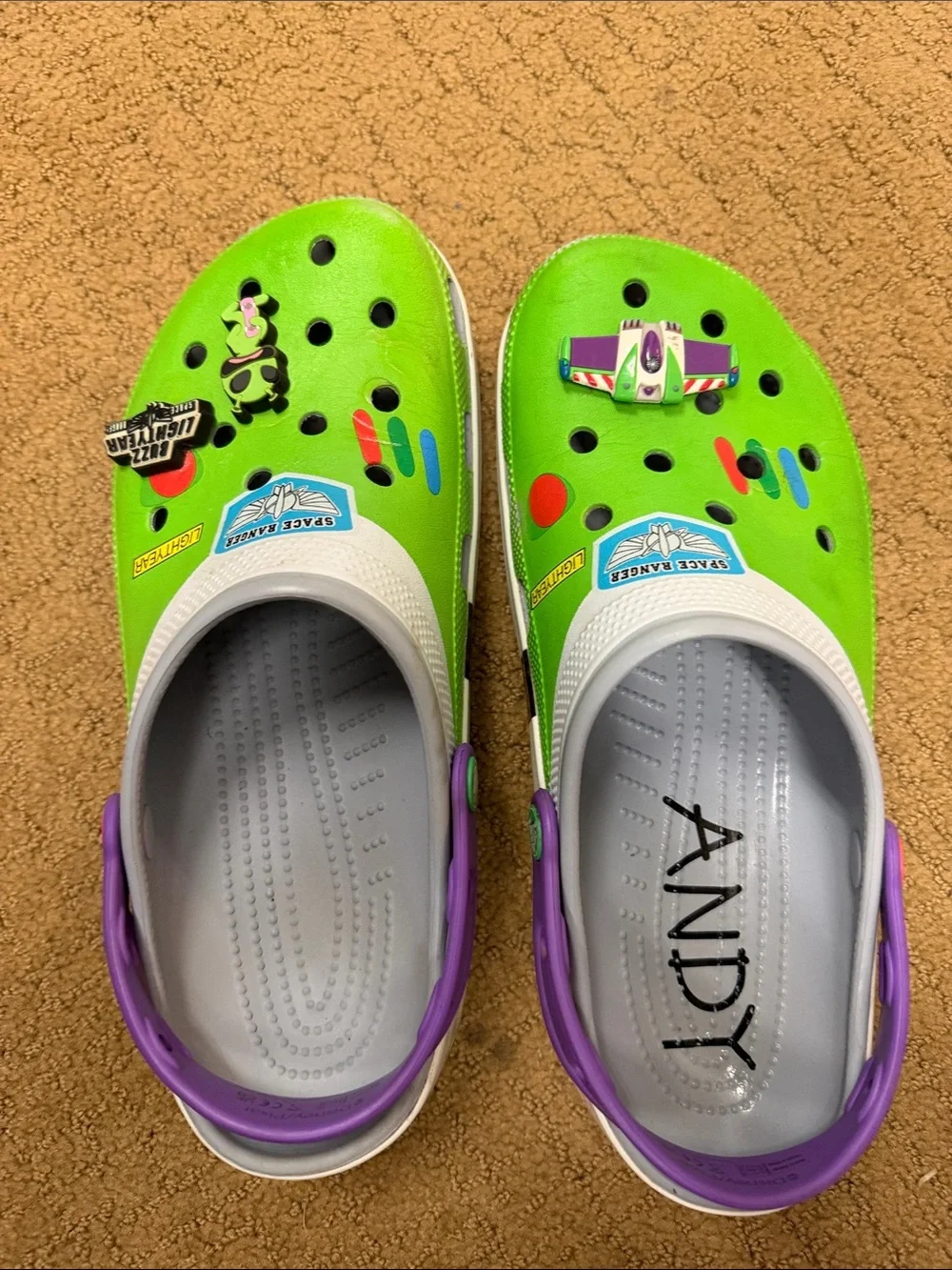 CROCS Green Space Ranger Clogs with Purple Heel Strap
